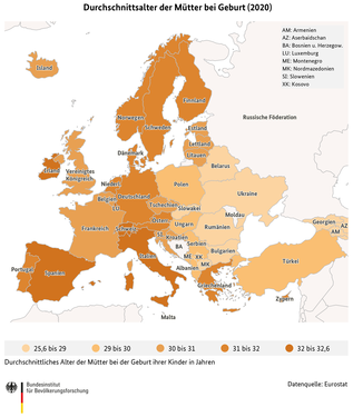Karte zum Durchschnittsalter der Mütter bei der Geburt ihrer Kinder in europäischen und angrenzenden Ländern (2020) (verweist auf: Durchschnittliches Alter der Mütter bei Geburt ihrer Kinder in europäischen und angrenzenden Ländern (2020))