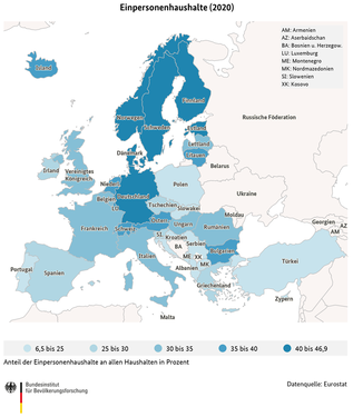 Karte: Prozentualer Anteil der Einpersonenhaushalte an allen Haushalten in europäischen und angrenzenden Ländern (2020) (verweist auf: Anteil der Einpersonenhaushalte an allen Haushalten in europäischen und angrenzenden Ländern (2020))